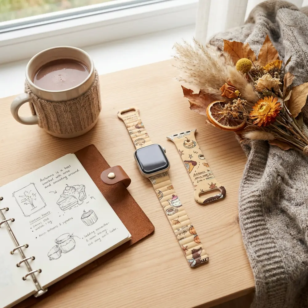 Magnetic Apple Watch Band featuring light brown autumn tea pattern with cute dogs and falling leaves.
