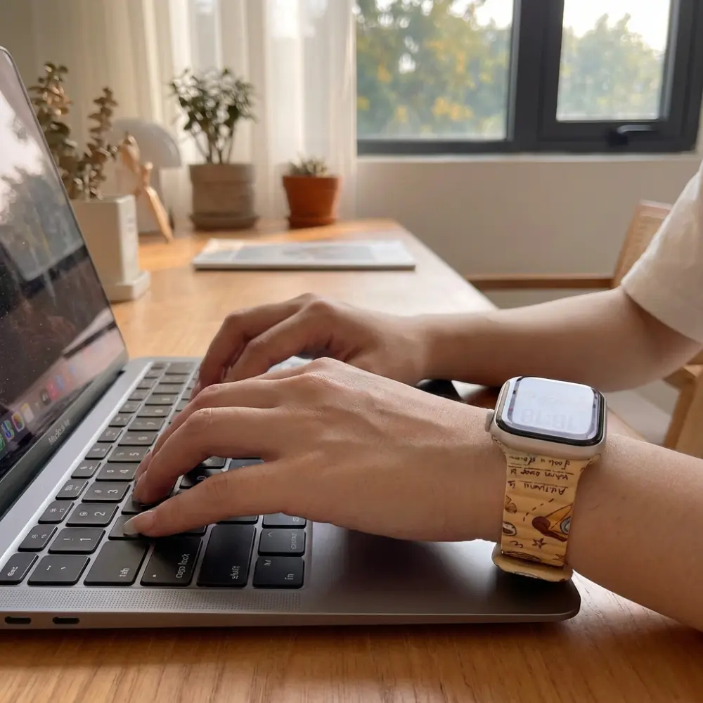 Magnetic Apple Watch Band featuring light brown autumn tea pattern with cute dogs and falling leaves.