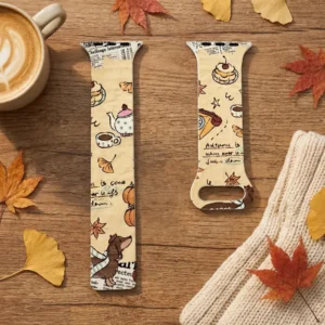 Magnetic Apple Watch Band featuring light brown autumn tea pattern with cute dogs and falling leaves.