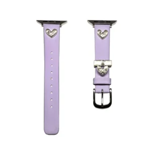 Lilac purple leather Apple Watch band for women with a silver metal heart charm.