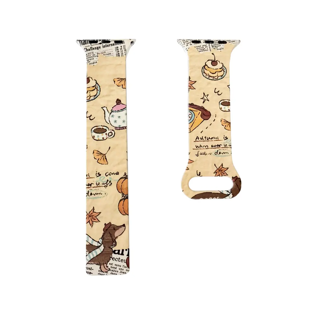 Magnetic Apple Watch Band featuring light brown autumn tea pattern with cute dogs and falling leaves.