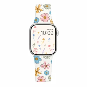 White Silicone Apple Watch Strap with Pastel Pink Blue and Yellow Floral Pattern