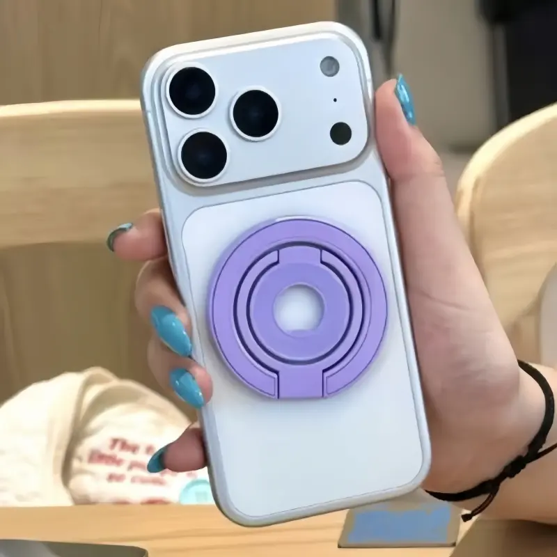 Lilac Sunday purple MagSafe phone stand in yellow, 0.5cm ultra-slim foldable magnetic grip for iPhone.