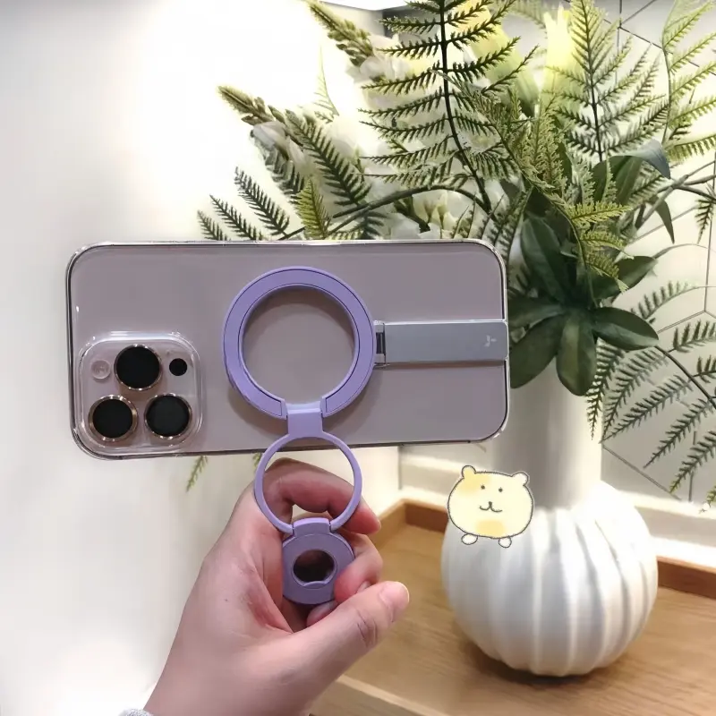 Lilac Sunday purple MagSafe phone stand in yellow, 0.5cm ultra-slim foldable magnetic grip for iPhone.