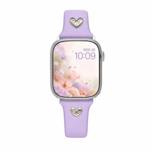 Lilac purple leather Apple Watch band for women with a silver metal heart charm.