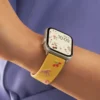 Yellow Slim Leather Apple Watch Band with Floral Cherry Embroidery for Women Modern Vintage Style