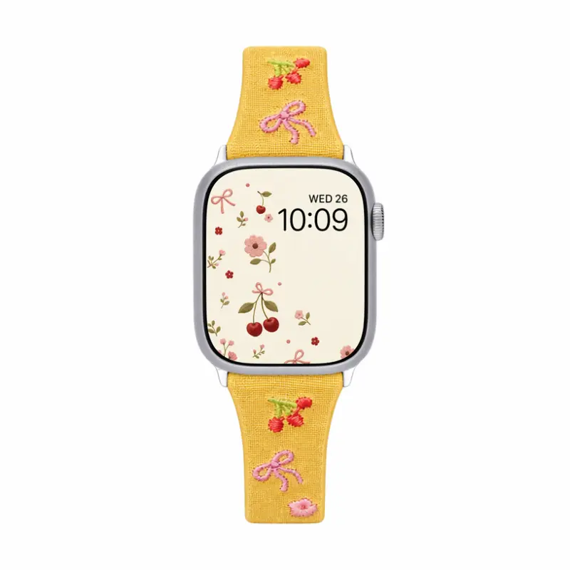 Yellow Slim Leather Apple Watch Band with Floral Cherry Embroidery for Women Modern Vintage Style