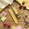 Yellow Slim Leather Apple Watch Band with Floral Cherry Embroidery for Women Modern Vintage Style