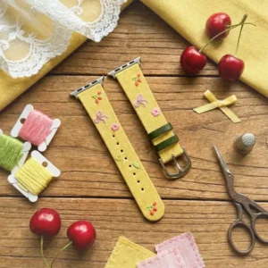 Yellow Slim Leather Apple Watch Band with Floral Cherry Embroidery for Women Modern Vintage Style
