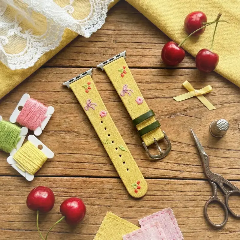 Yellow Slim Leather Apple Watch Band with Floral Cherry Embroidery for Women Modern Vintage Style