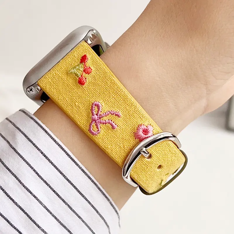 Yellow Slim Leather Apple Watch Band with Floral Cherry Embroidery for Women Modern Vintage Style