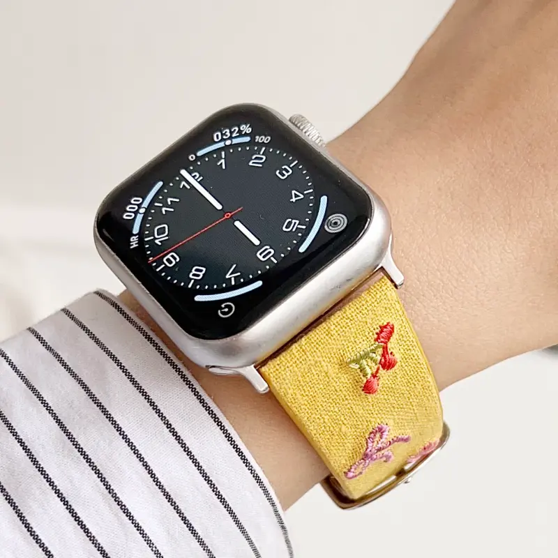 Yellow Slim Leather Apple Watch Band with Floral Cherry Embroidery for Women Modern Vintage Style