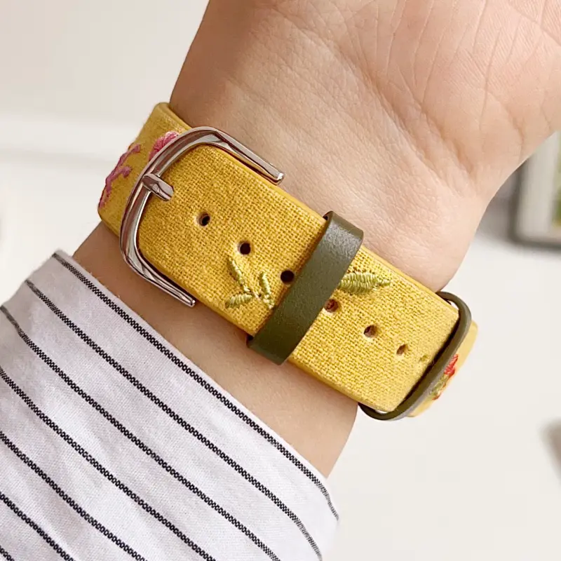 Yellow Slim Leather Apple Watch Band with Floral Cherry Embroidery for Women Modern Vintage Style