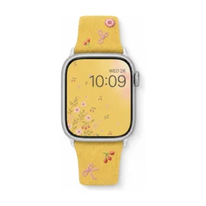 Yellow Slim Leather Apple Watch Band with Floral Cherry Embroidery for Women Modern Vintage Style