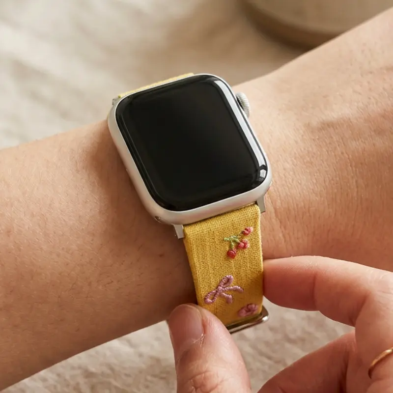 Yellow Slim Leather Apple Watch Band with Floral Cherry Embroidery for Women Modern Vintage Style