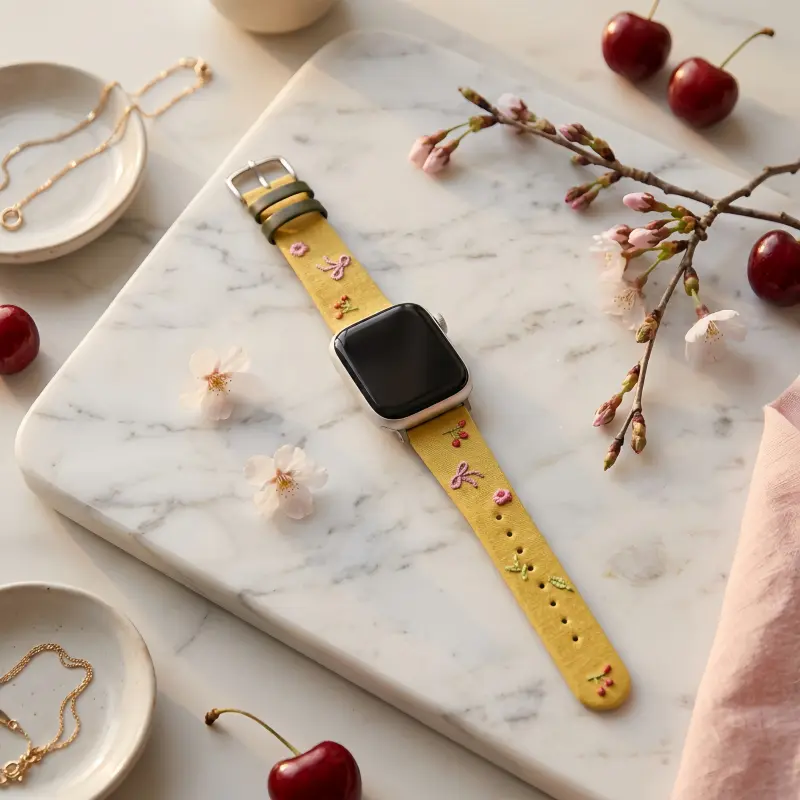 Yellow Slim Leather Apple Watch Band with Floral Cherry Embroidery for Women Modern Vintage Style