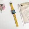 Yellow Slim Leather Apple Watch Band with Floral Cherry Embroidery for Women Modern Vintage Style
