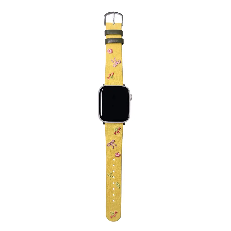 Yellow Slim Leather Apple Watch Band with Floral Cherry Embroidery for Women Modern Vintage Style
