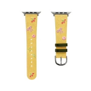 Yellow Slim Leather Apple Watch Band with Floral Cherry Embroidery for Women Modern Vintage Style