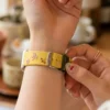 Yellow Slim Leather Apple Watch Band with Floral Cherry Embroidery for Women Modern Vintage Style