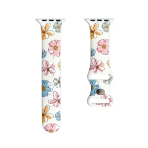 White Silicone Apple Watch Strap with Pastel Pink Blue and Yellow Floral Pattern
