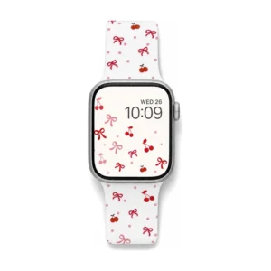 White Silicone Apple Watch Strap with Red Cherry and Blue Bow Pattern