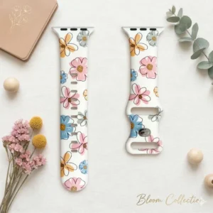 White Silicone Apple Watch Strap with Pastel Pink Blue and Yellow Floral Pattern