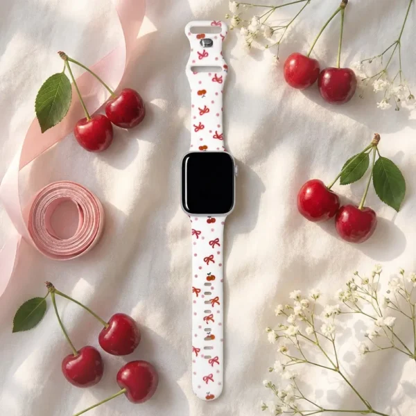 White Silicone Apple Watch Strap with Red Cherry and Blue Bow Pattern