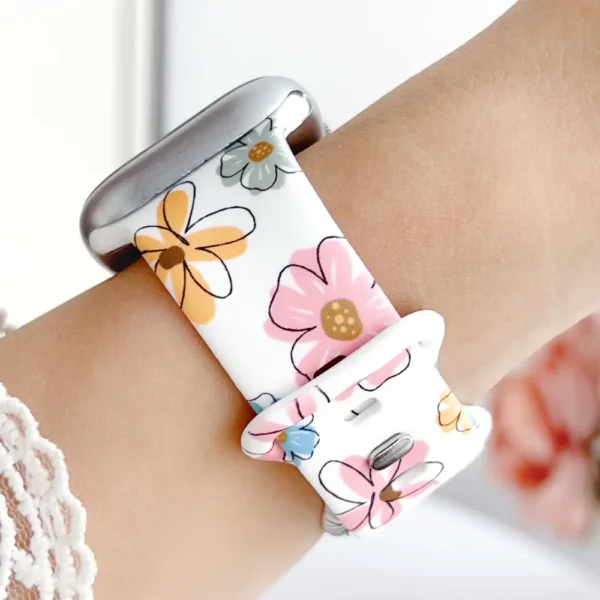 White Silicone Apple Watch Strap with Pastel Pink Blue and Yellow Floral Pattern