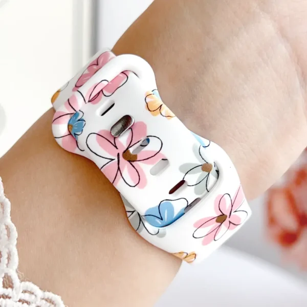White Silicone Apple Watch Strap with Pastel Pink Blue and Yellow Floral Pattern
