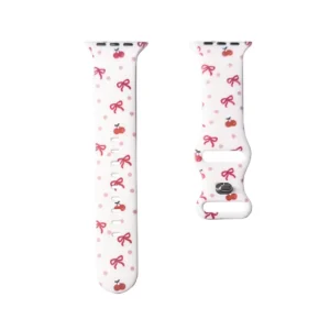 White Silicone Apple Watch Strap with Red Cherry and Blue Bow Pattern