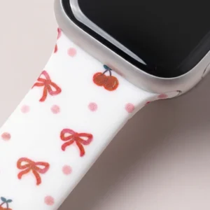 White Silicone Apple Watch Strap with Red Cherry and Blue Bow Pattern