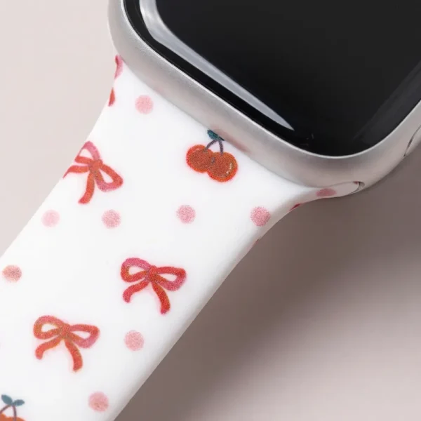 White Silicone Apple Watch Strap with Red Cherry and Blue Bow Pattern