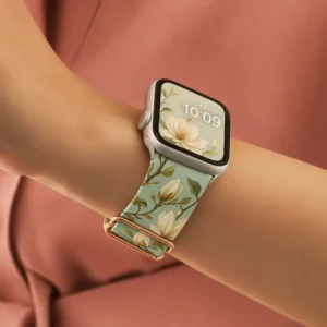 White Braided Loop Apple Watch Band with Pink Floral Pattern Stretchy Fabric Strap for Women.
