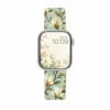 White Braided Loop Apple Watch Band with Pink Floral Pattern Stretchy Fabric Strap for Women.