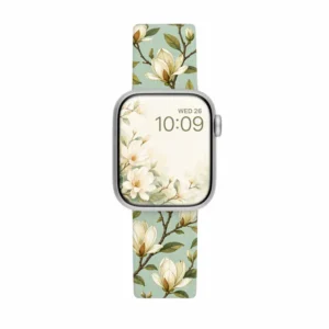 White Braided Loop Apple Watch Band with Pink Floral Pattern Stretchy Fabric Strap for Women.