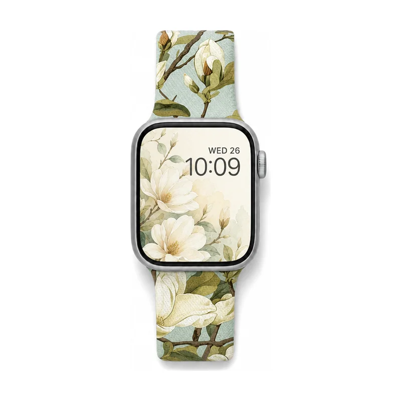 White Braided Loop Apple Watch Band with Pink Floral Pattern Stretchy Fabric Strap for Women.