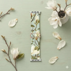 White Braided Loop Apple Watch Band with Pink Floral Pattern Stretchy Fabric Strap for Women.