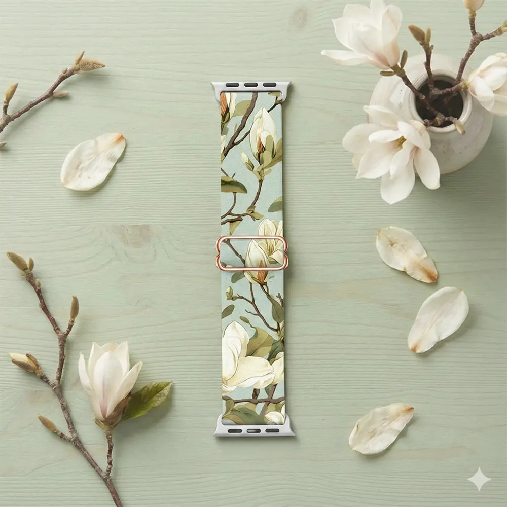 White Braided Loop Apple Watch Band with Pink Floral Pattern Stretchy Fabric Strap for Women.