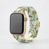 Green Braided Loop Apple Watch Band with Pink Floral Pattern Stretchy Fabric Strap for Women.