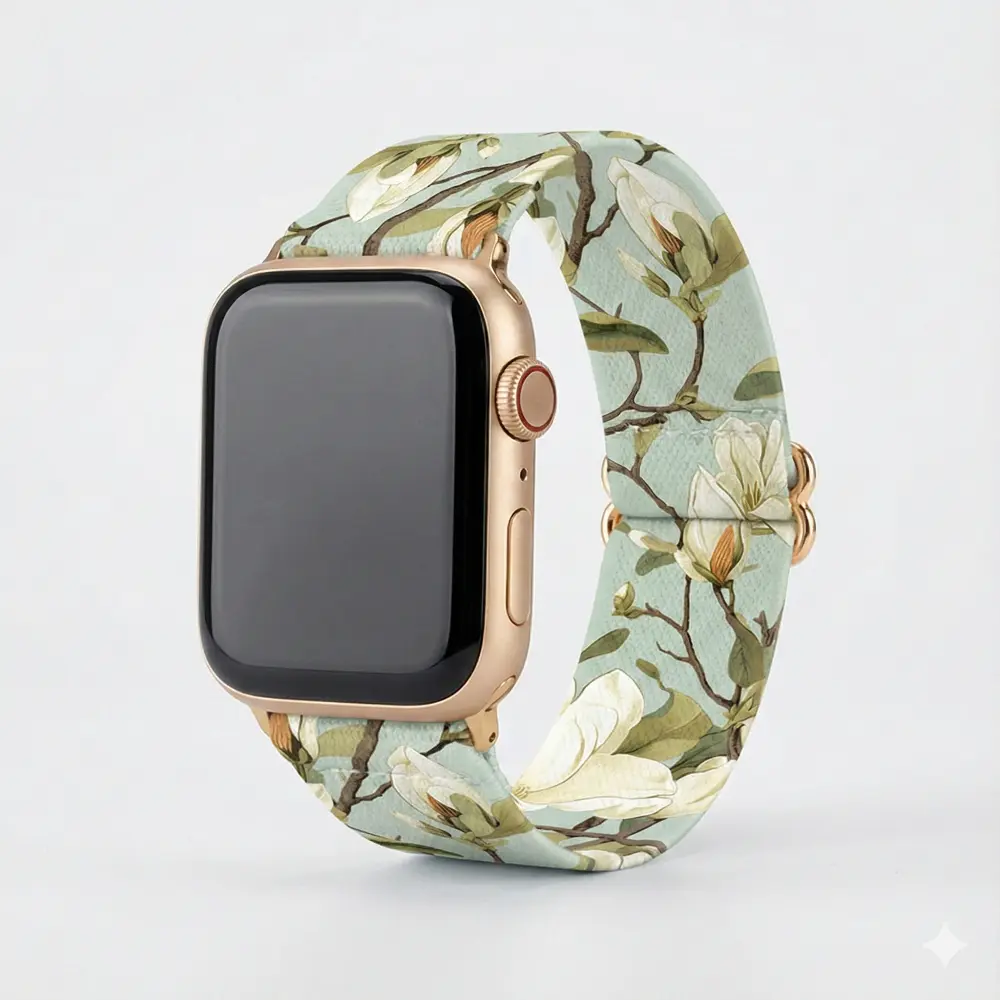 White Braided Loop Apple Watch Band with Pink Floral Pattern Stretchy Fabric Strap for Women.