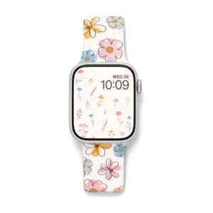 White Silicone Apple Watch Strap with Pastel Pink Blue and Yellow Floral Pattern