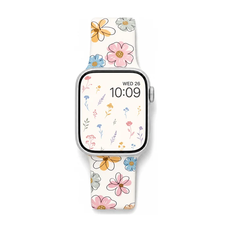 White Silicone Apple Watch Strap with Pastel Pink Blue and Yellow Floral Pattern