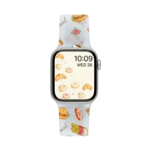 Frosted transparent silicone Apple Watch band with coffee and burger illustrations and silver stainless steel buckle.