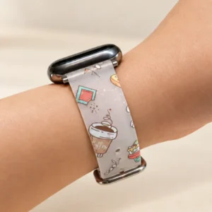 Frosted transparent silicone Apple Watch band with coffee and burger illustrations and silver stainless steel buckle.