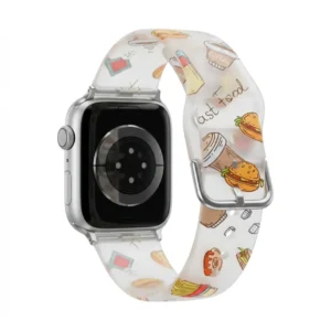 Frosted transparent silicone Apple Watch band with coffee and burger illustrations and silver stainless steel buckle.