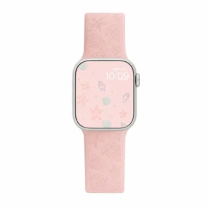 Blush Coral Silicone Apple Watch Strap for women featuring soft pastel pink engraved starfish and seashell patterns.