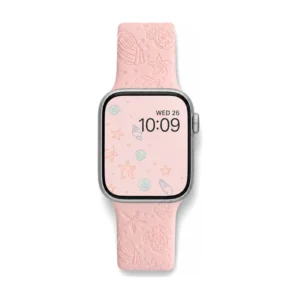 Blush Coral Silicone Apple Watch Strap for women featuring soft pastel pink engraved starfish and seashell patterns.