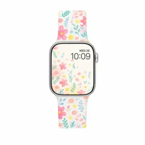 Frosted silicone Apple Watch band with pink and yellow vintage doodle flower pattern for women replacement wristband.