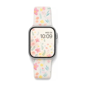 Frosted silicone Apple Watch band with pink and yellow vintage doodle flower pattern for women replacement wristband.